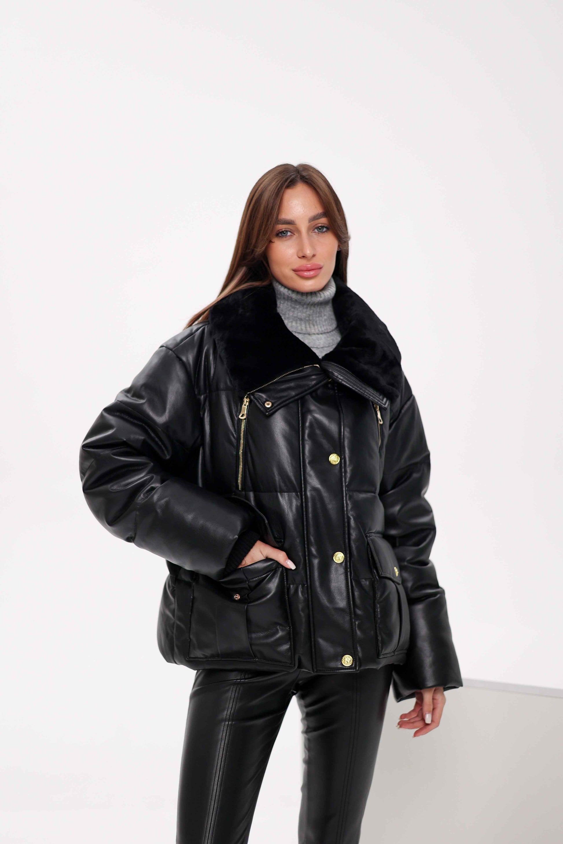 Eco Leather Alpaca Collar Down Jacket