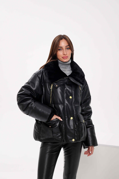 Eco Leather Alpaca Collar Down Jacket
