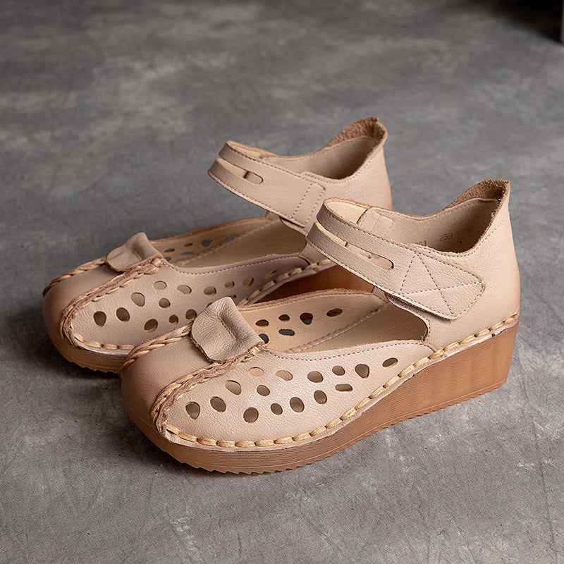 Slope Heel Comfortable Top Layer Cowhide Women's Shoes With Hollowed Out Toe Caps