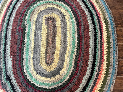 Antique American Braided Rug 5x7, Oval Multicolor Handmade Wool Braided Carpet