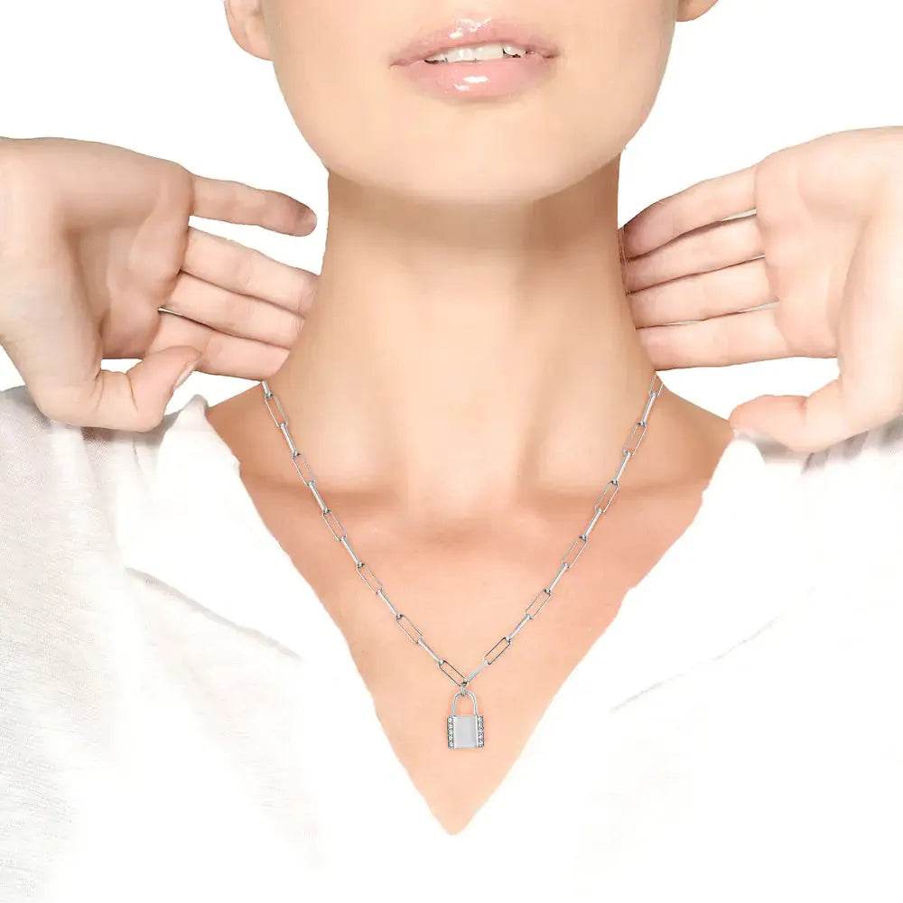 Sterling Silver Diamond Lock Necklace - Solstik