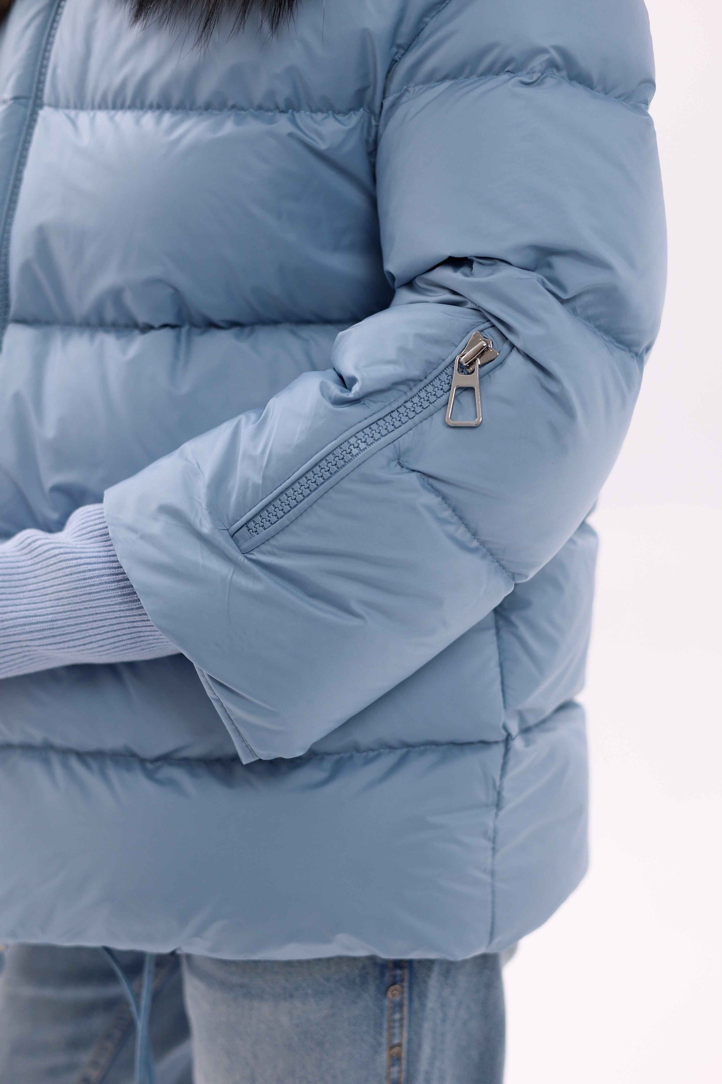Genuine Fur Trim Down Fill Coat in Blue