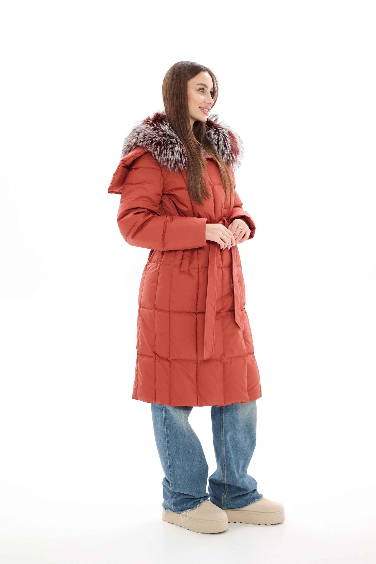 Genuine Silver Fox Fur Trim Down Coat