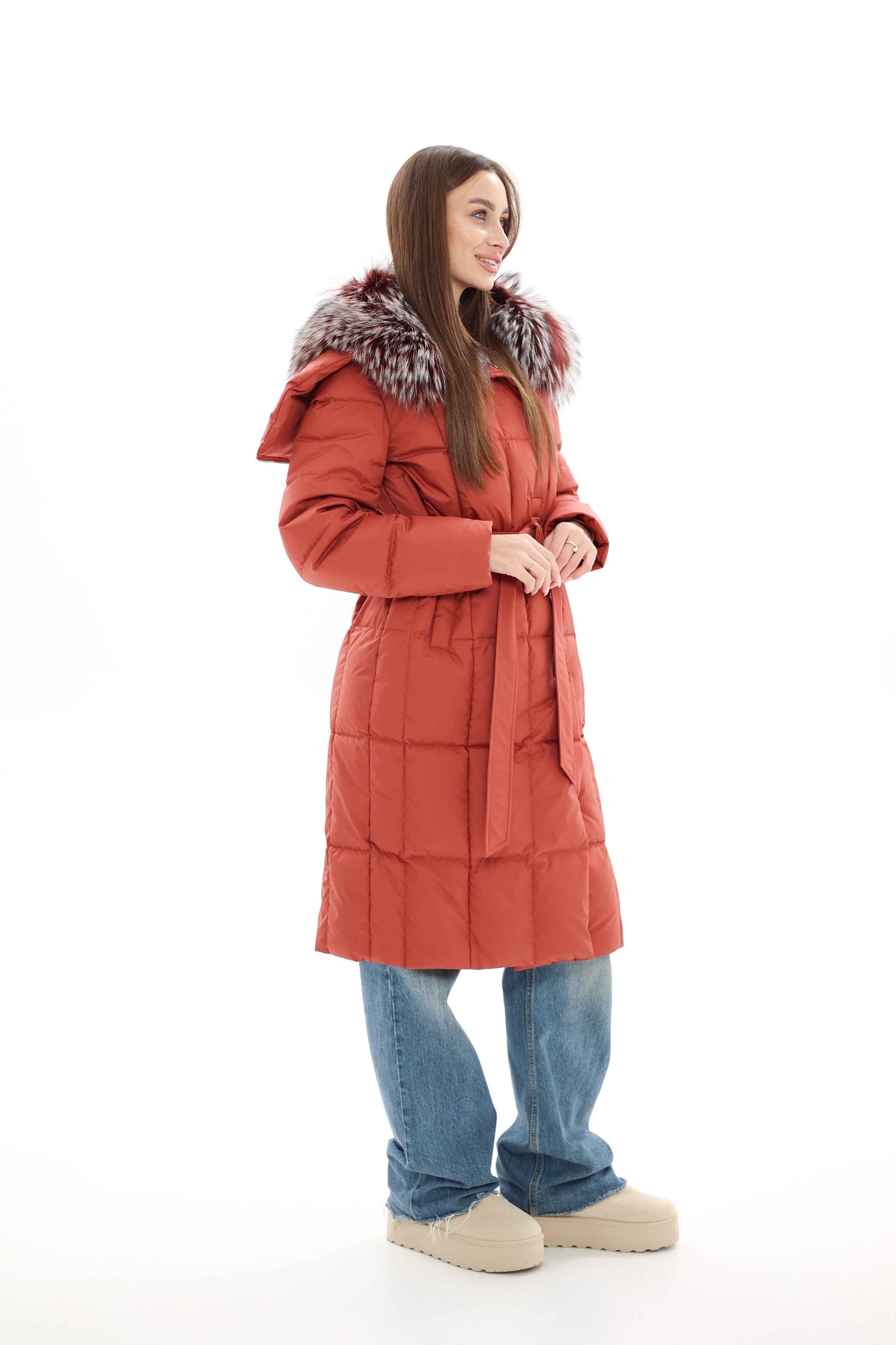 Genuine Silver Fox Fur Trim Down Coat