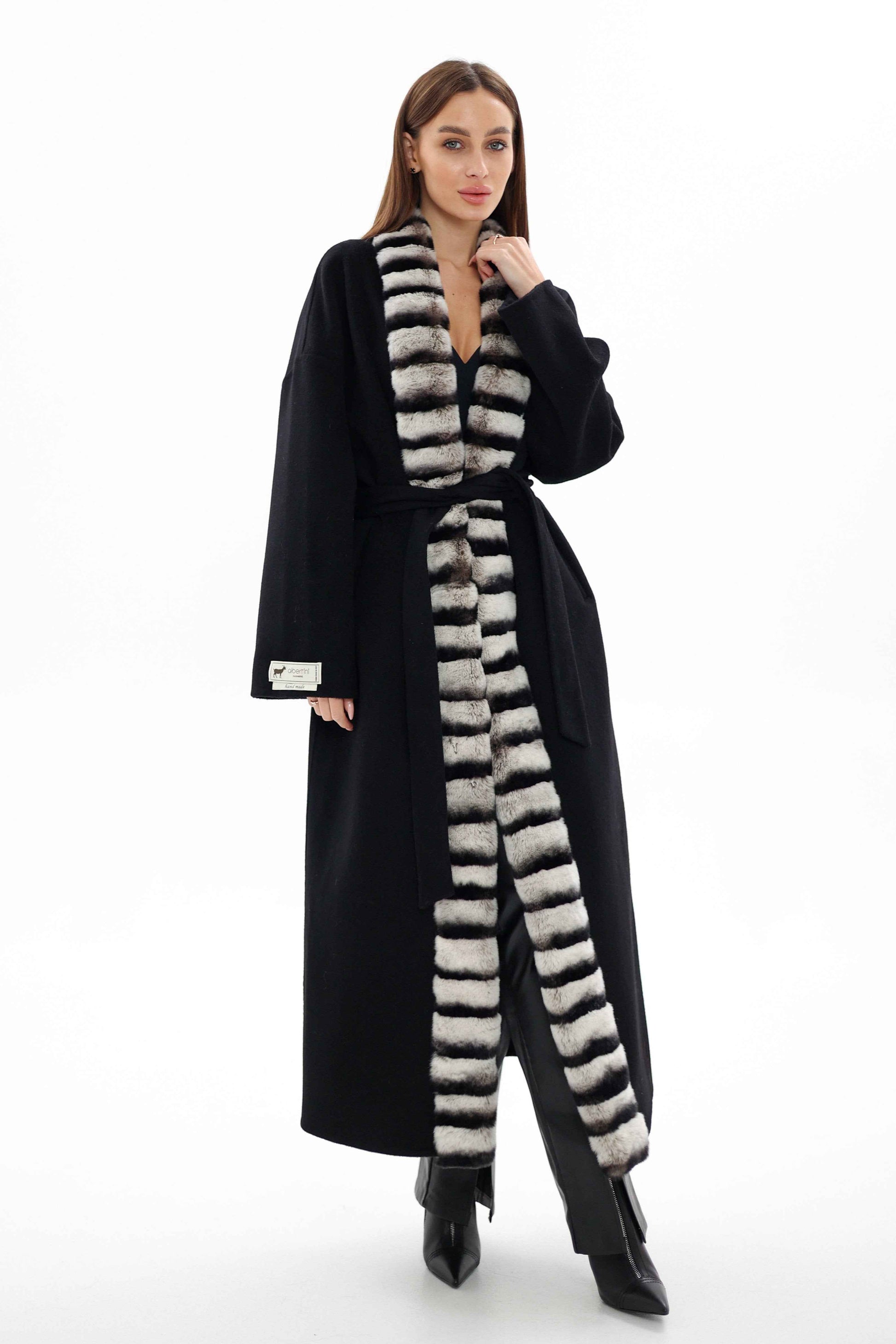 Genuine  French Orylag Fur Italian Cashmere Wool Coat 130cm