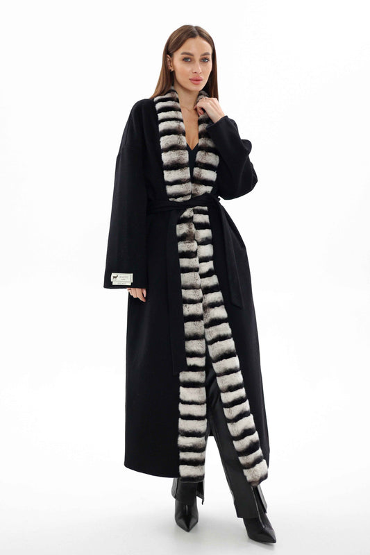 Genuine  French Orylag Fur Italian Cashmere Wool Coat 130cm