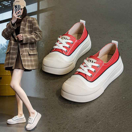 Genuine Leather Women's White Shoes Color Matching Lace-up Platform