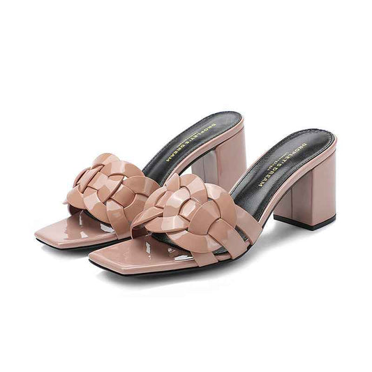 Woven Chunky Heel Slippers All-match Paint Handmade Sheepskin Rubber Comfort And Casual