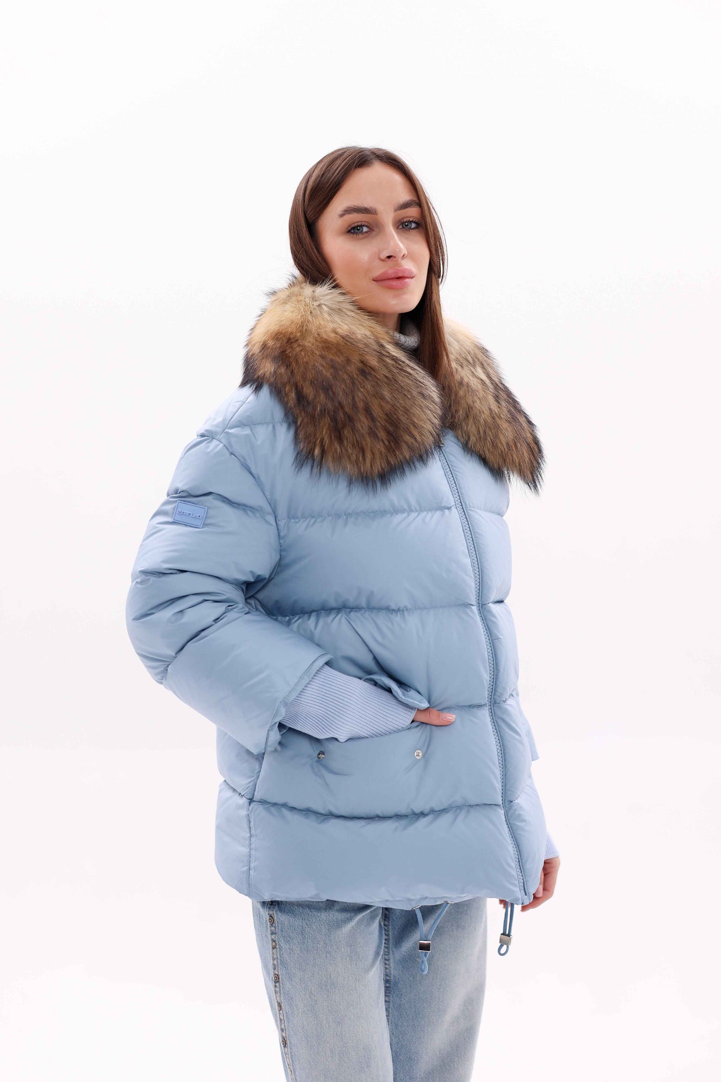Genuine Fur Trim Down Fill Coat in Blue