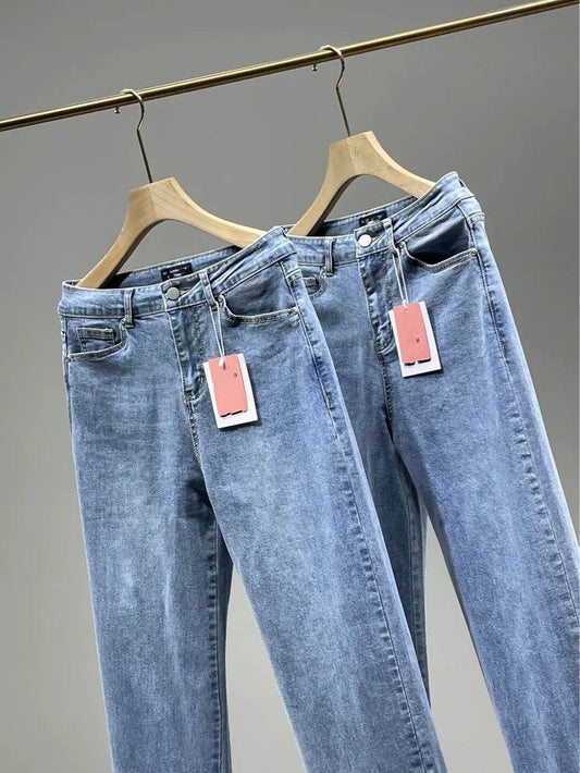 Ladies High Rise Straight Leg Jeans with Side Slit - Solstik