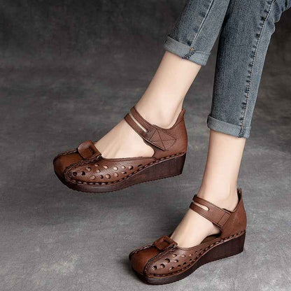 Slope Heel Comfortable Top Layer Cowhide Women's Shoes With Hollowed Out Toe Caps