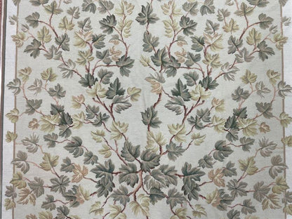 Traditional Aubusson Needlepoint Rug 9 x 12, Flowers, Flatweave Carpet, Hand-Knotted, Brand New, Cream Color, Green, Maroon Red, Wool