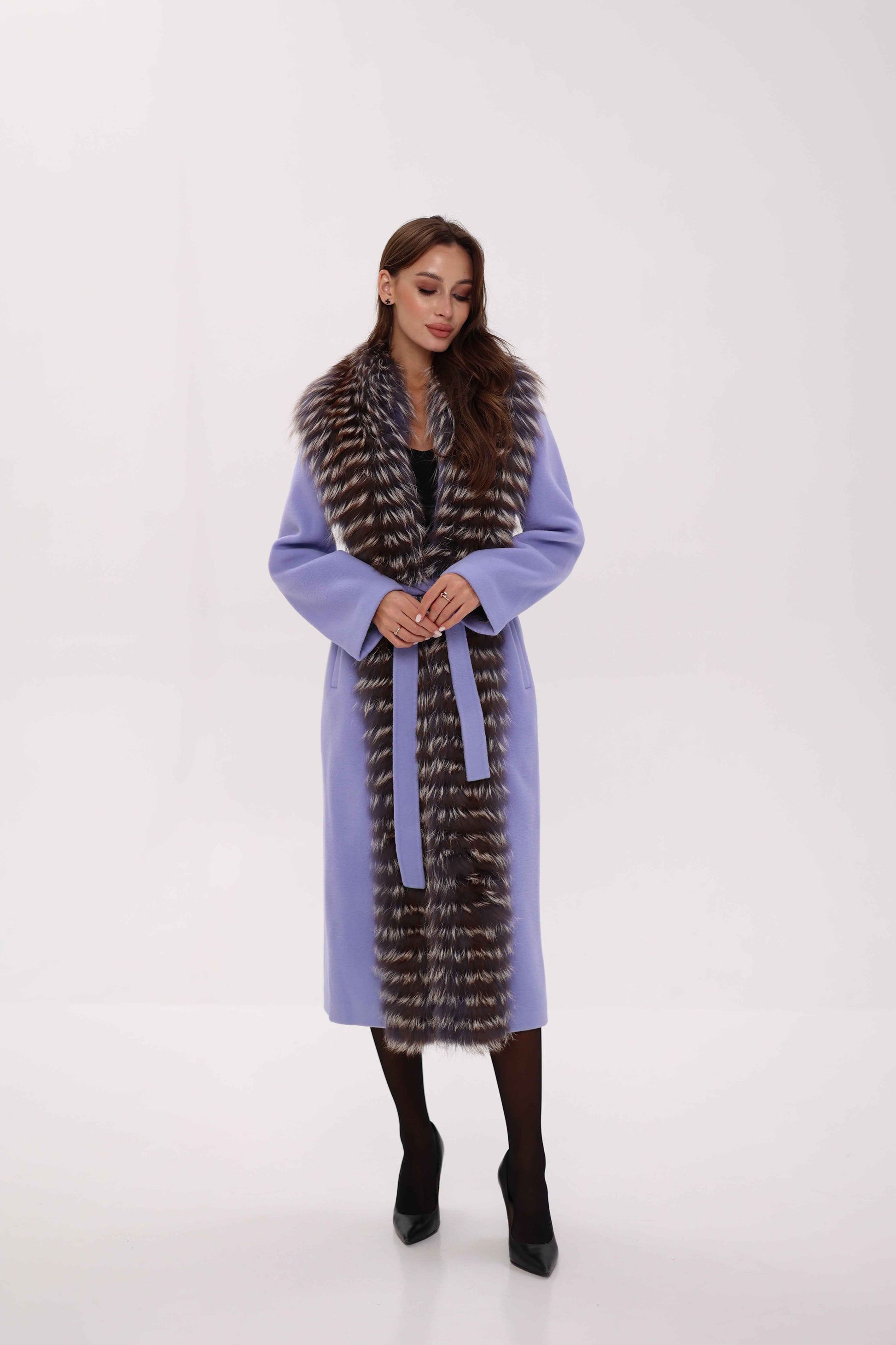 Genuine Silver Fox Virgin Wool Wrap Coat in Lavender