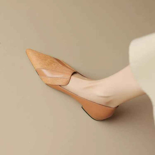 Women's Fashion Simple Soft Leather Stitching Pointed Toe Low-cut Shoes