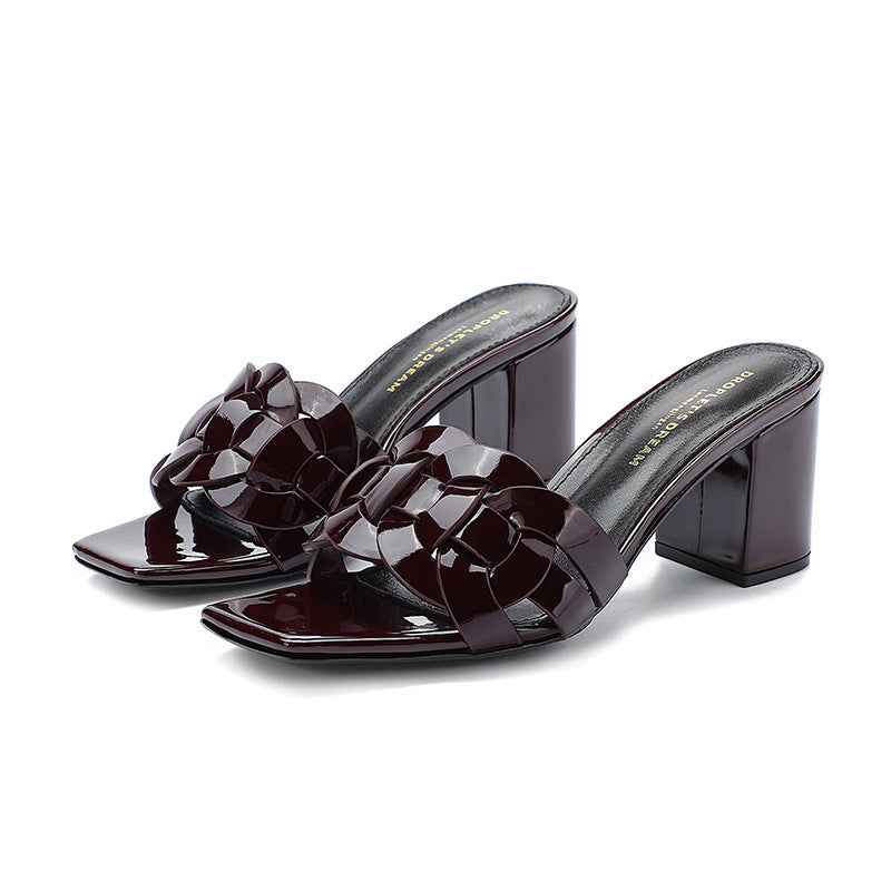 Woven Chunky Heel Slippers All-match Paint Handmade Sheepskin Rubber Comfort And Casual