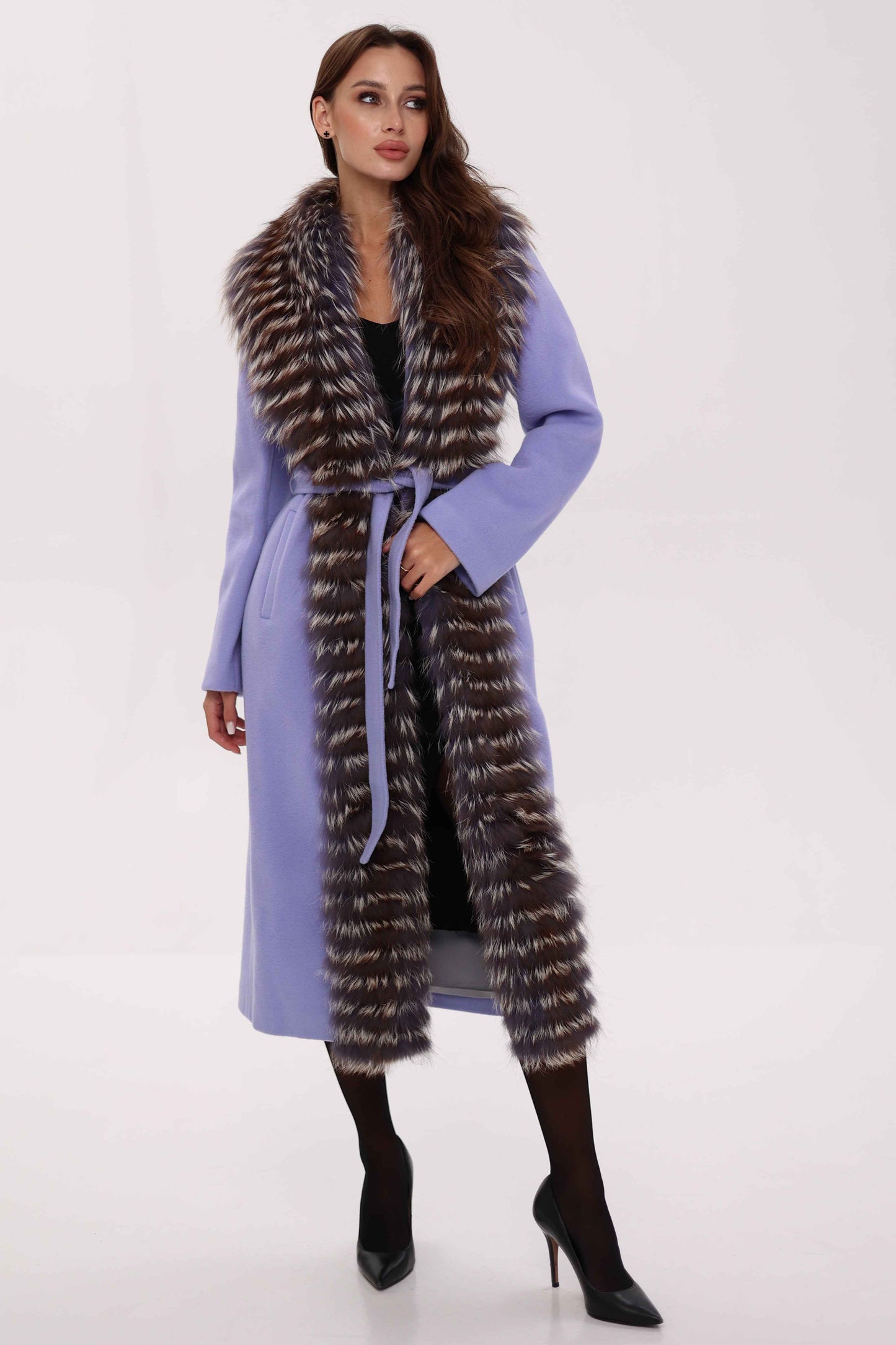 Genuine Silver Fox Virgin Wool Wrap Coat in Lavender