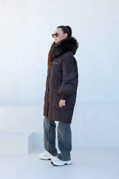 Dakota Genuine Fur Trim Down Fill Coat in Chocolate