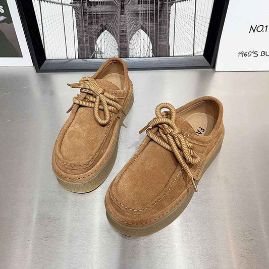 New Thickness Lace Up Casual Retro Authentic Leather British Style Women's Shoes