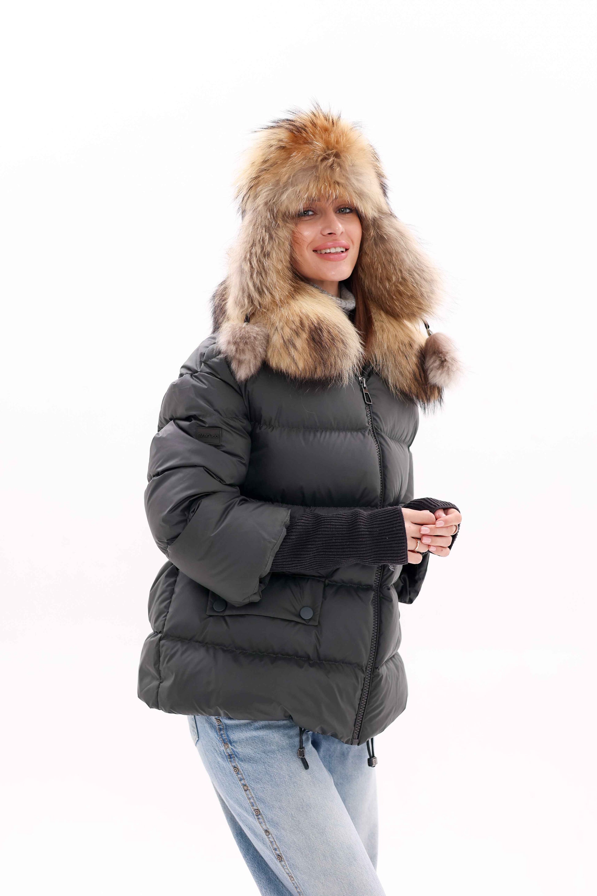 Genuine Fur Trim Down Fill Coat in Black