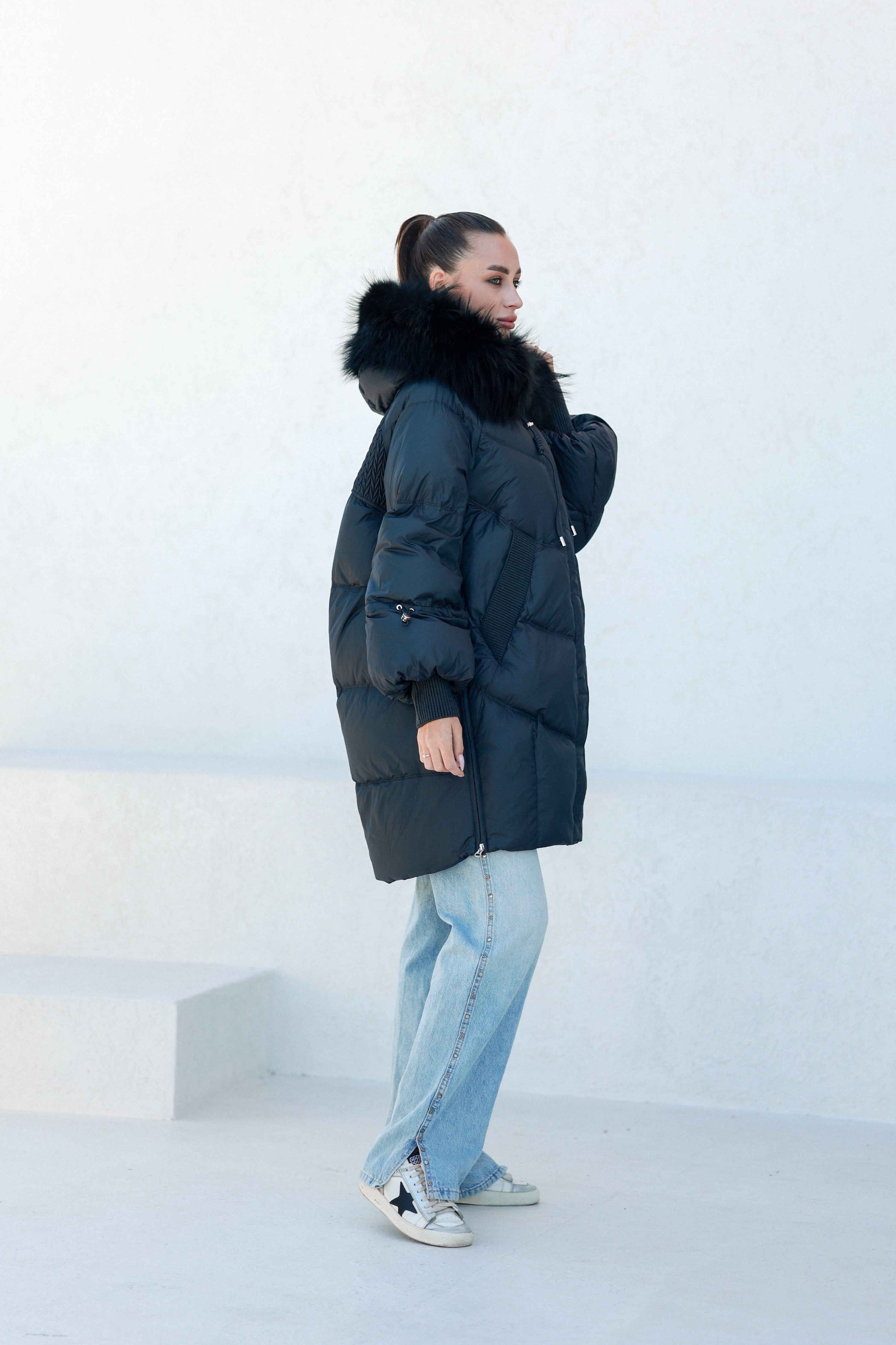 Celeste Genuine Fur Trim Down Fill Coat in Black