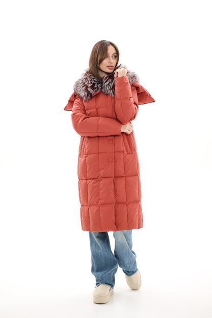 Genuine Silver Fox Fur Trim Down Coat