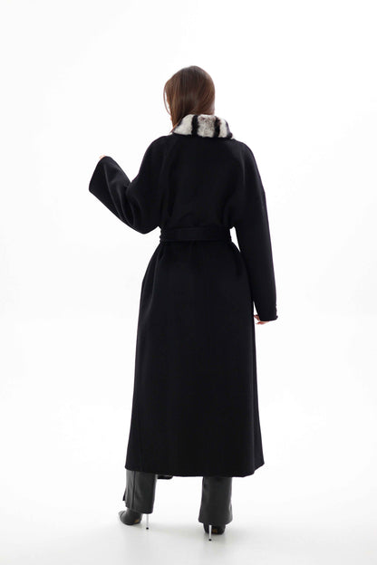 Genuine  French Orylag Fur Italian Cashmere Wool Coat 130cm