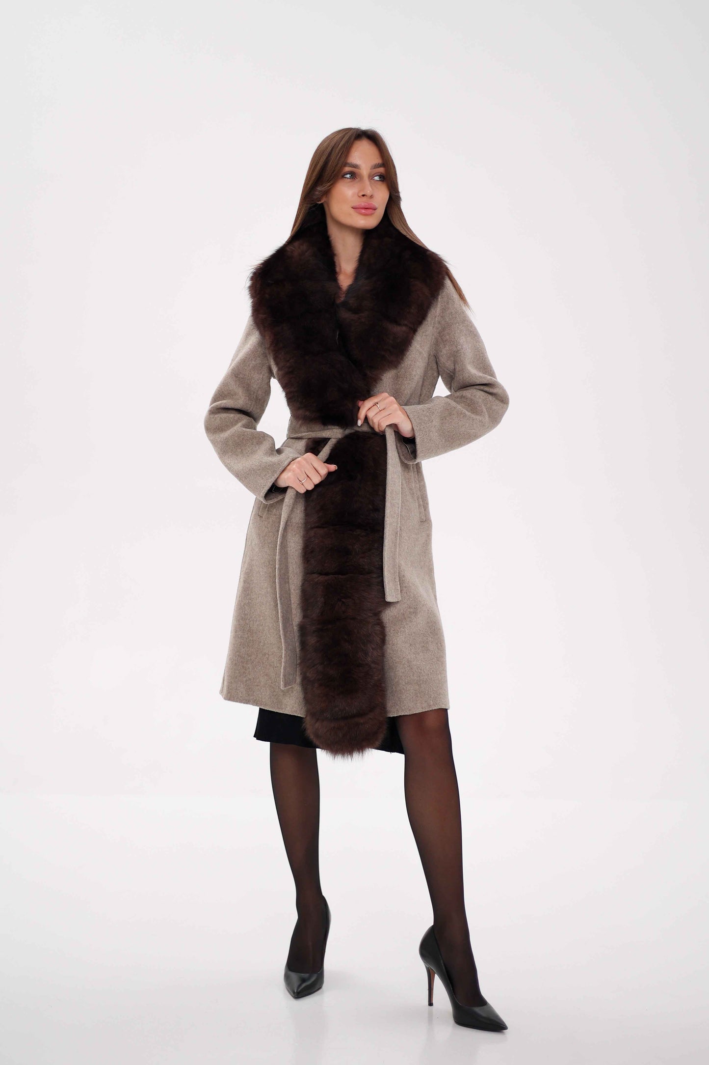 Genuine Polar Fox Fur Virgin Wool Coat
