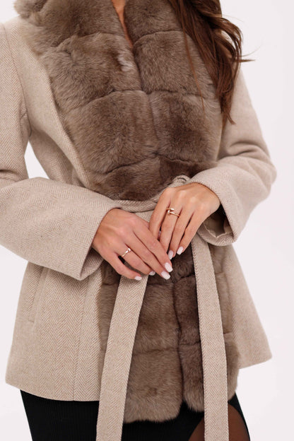 Genuine Polar Fox Fur Virgin Wool Coat in Nude