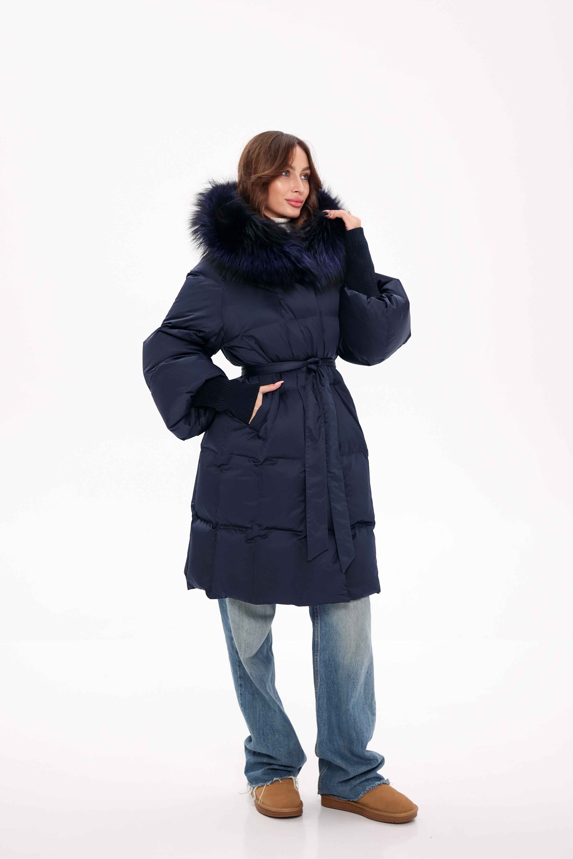 Genuine Fox Fur Trim Down Coat in Royal Blue