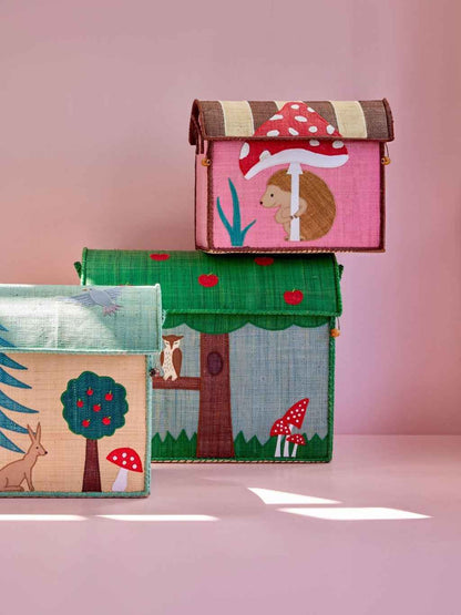 Raffia Toy Storage Baskets with Happy Forest Theme - Set of 3