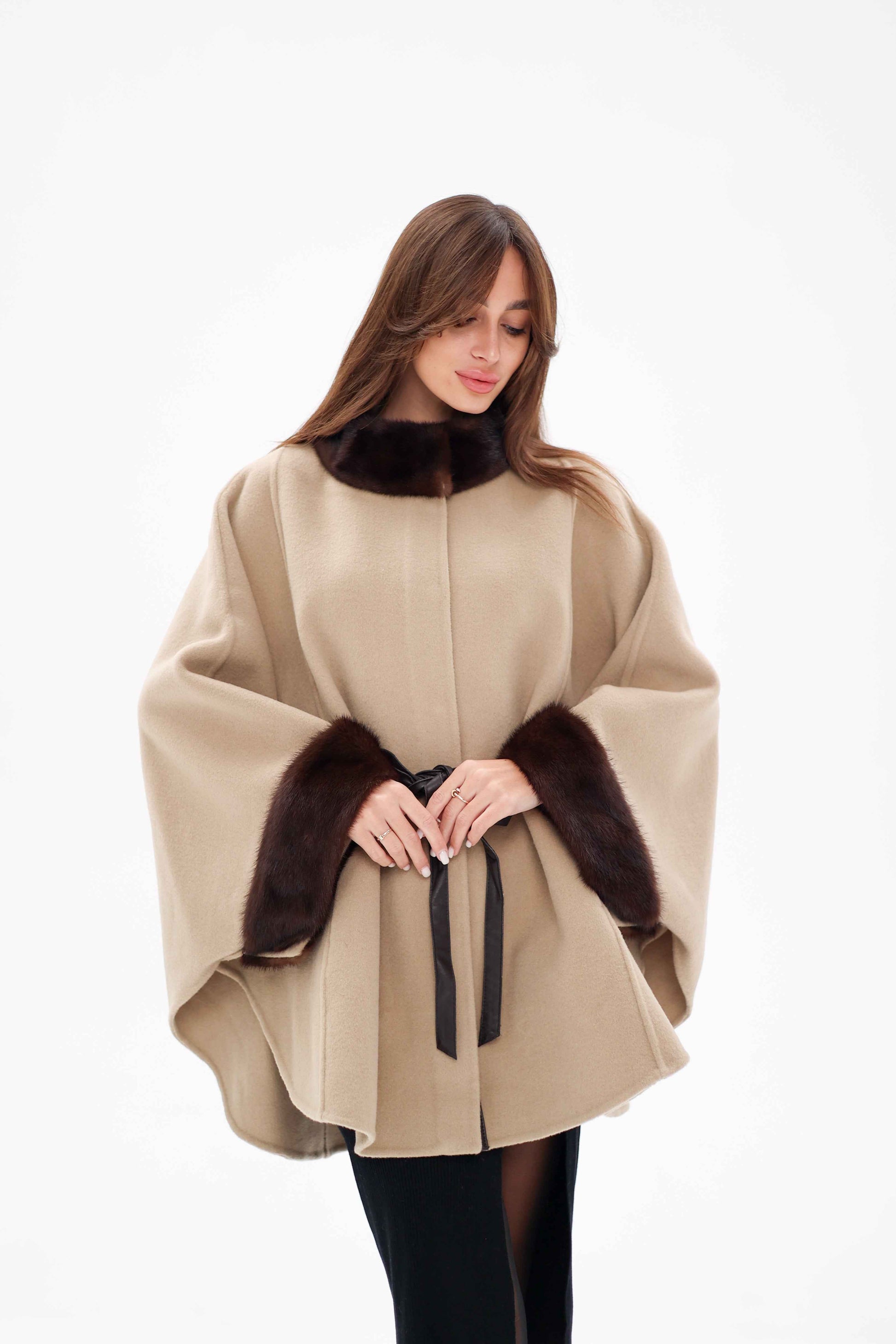 Genuine Scandinavian Mink Fur Double Face Wool Poncho