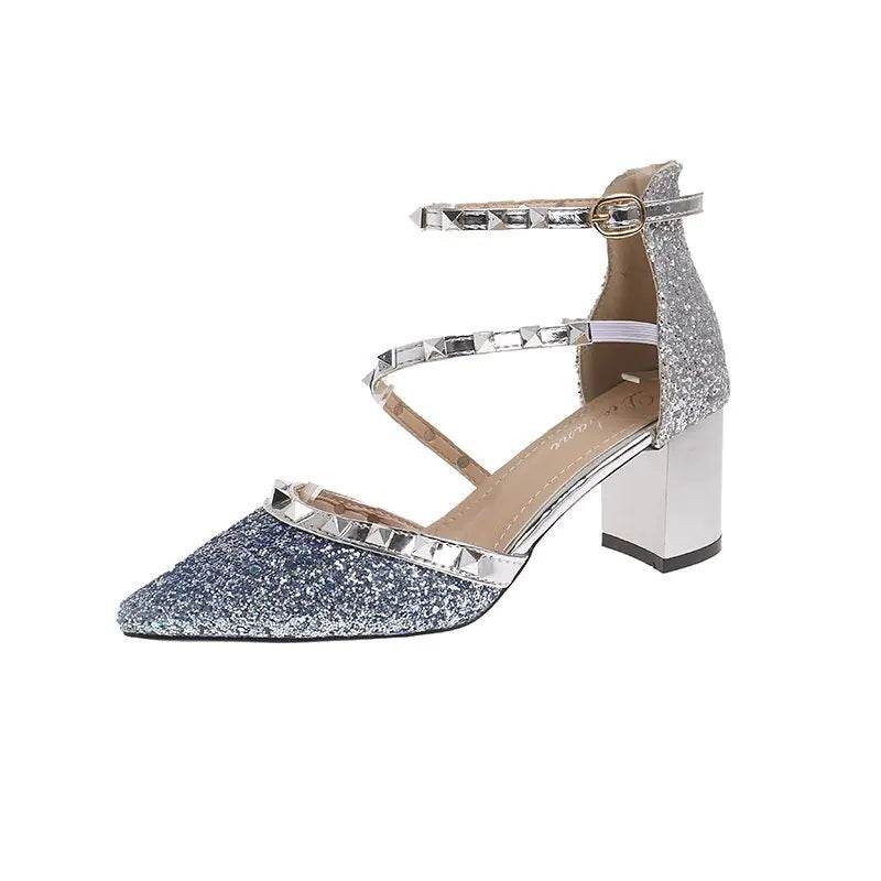 Sequined Block Heel Rivet Dance Shoes - Solstik