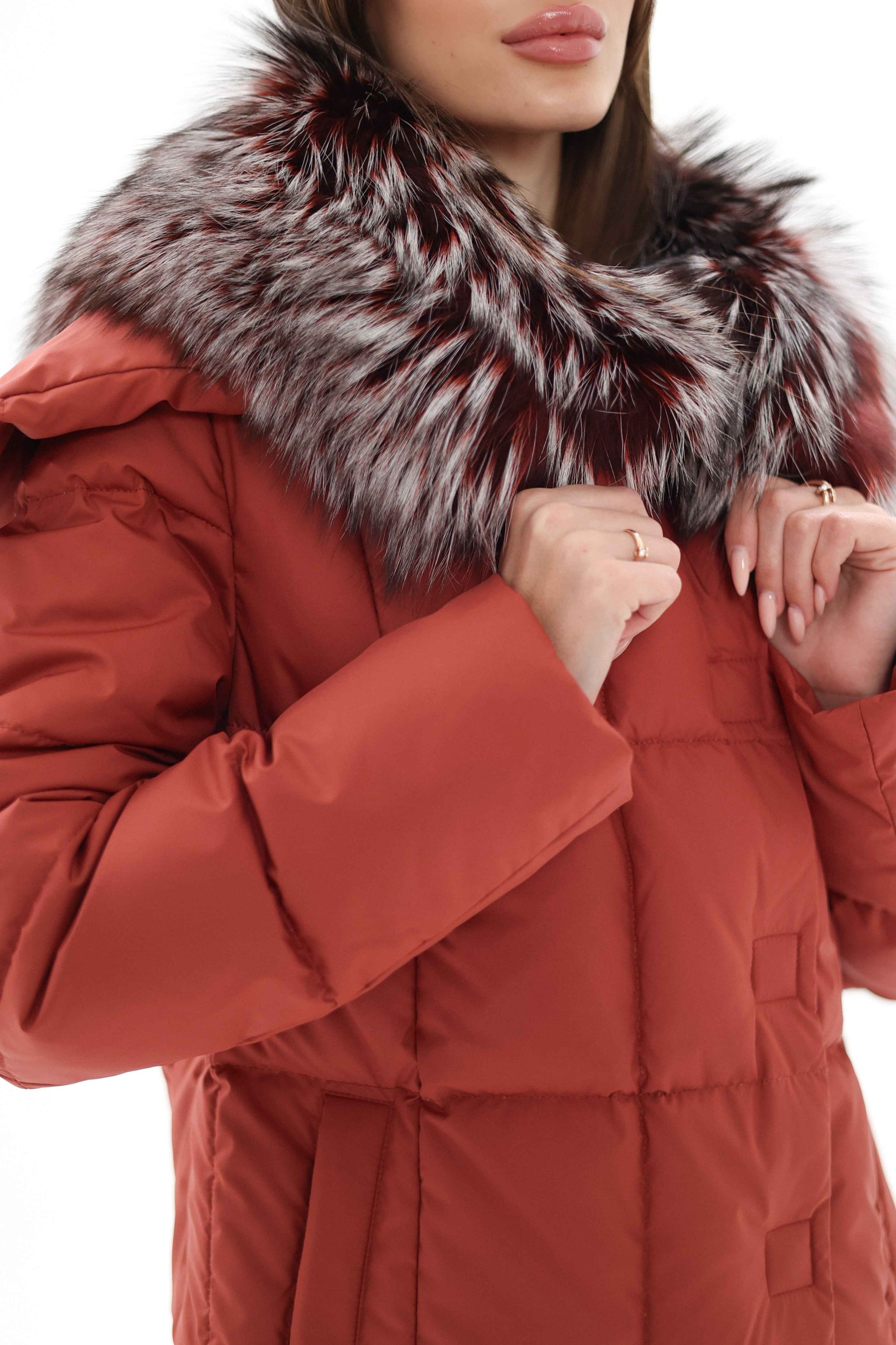 Genuine Silver Fox Fur Trim Down Coat