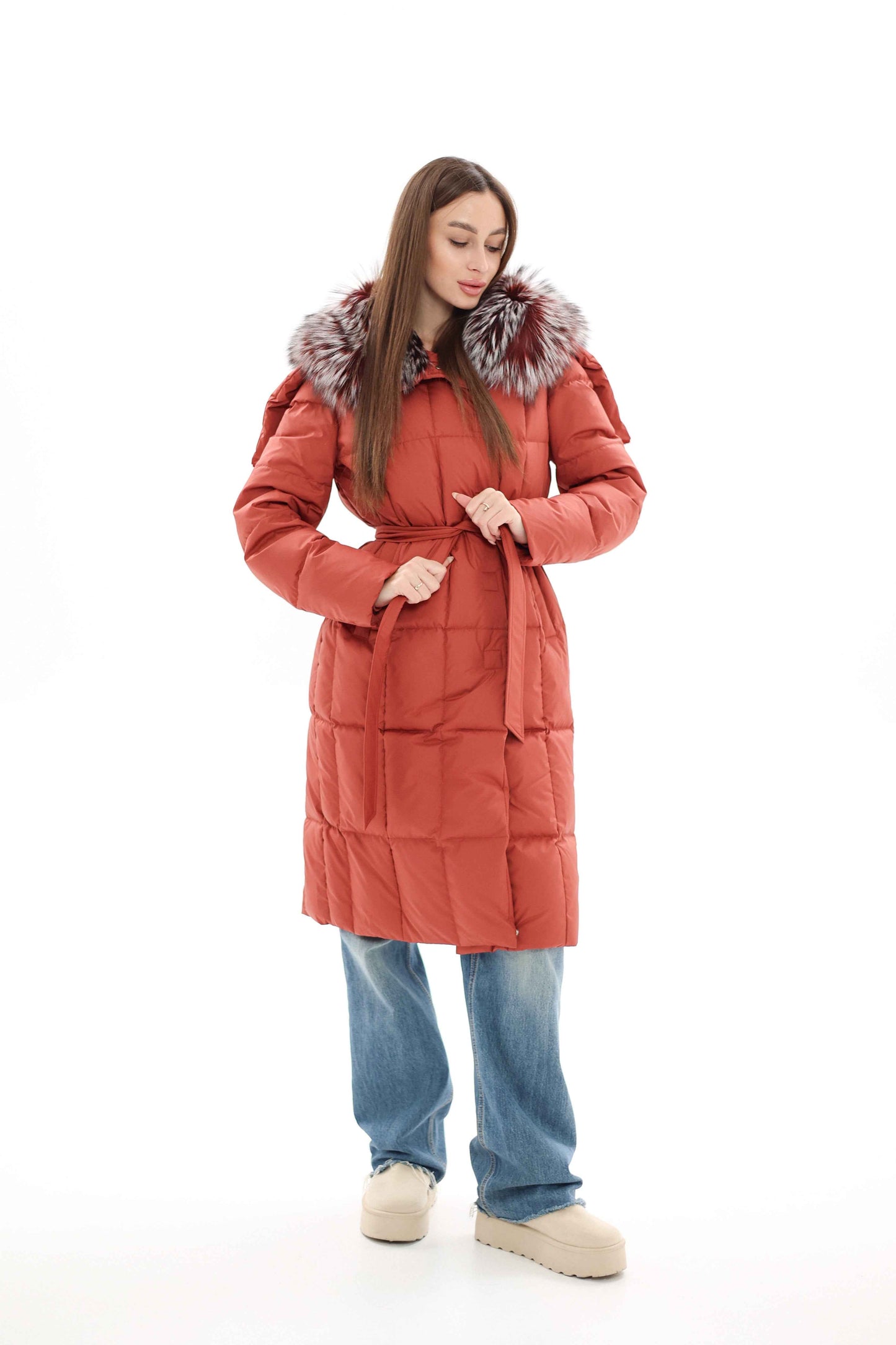 Genuine Silver Fox Fur Trim Down Coat