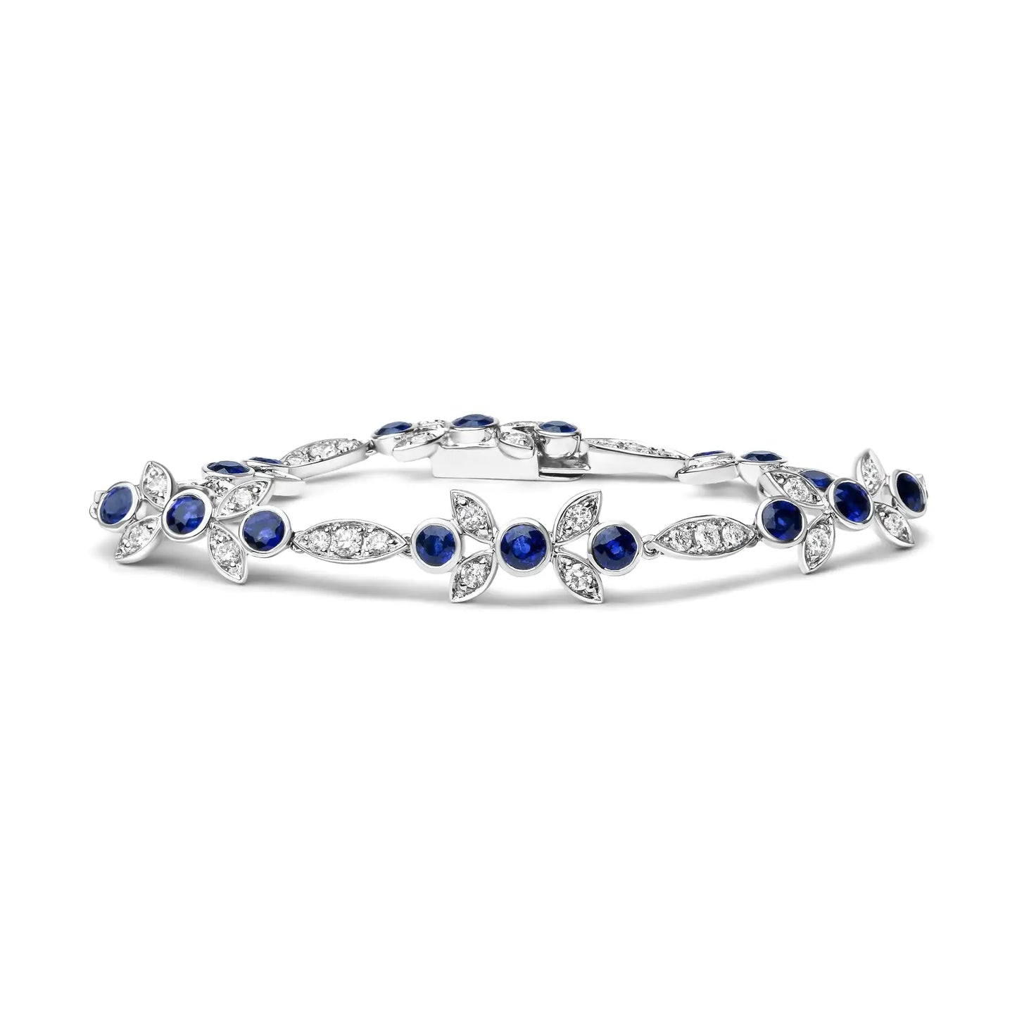 18K White Gold Sapphire & Diamond Floral Bracelet - G-H/SI1-SI2, 7" - Solstik