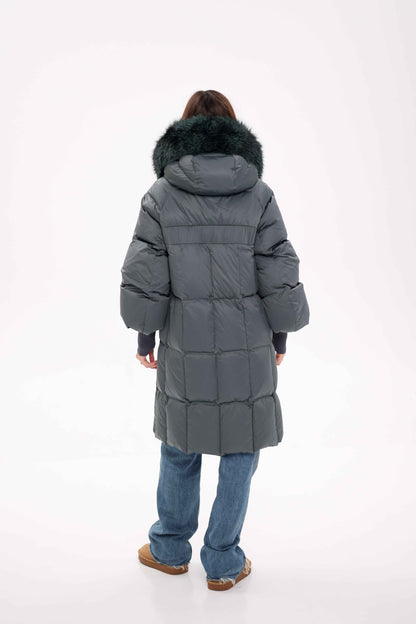 Genuine Silver Fox Fur Trim Down Coat in Forest Slate