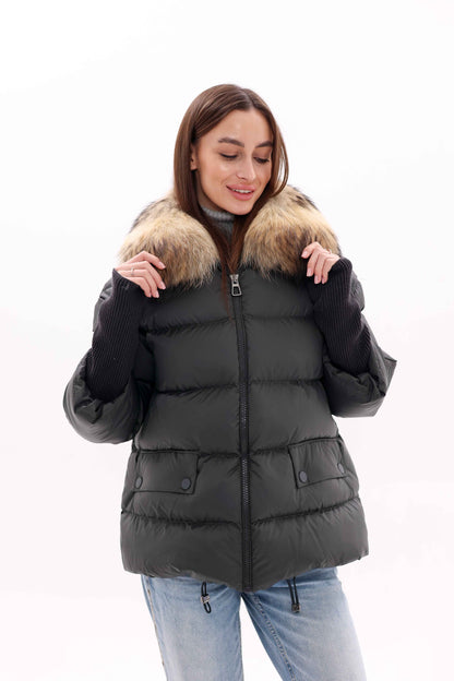 Genuine Fur Trim Down Fill Coat in Black