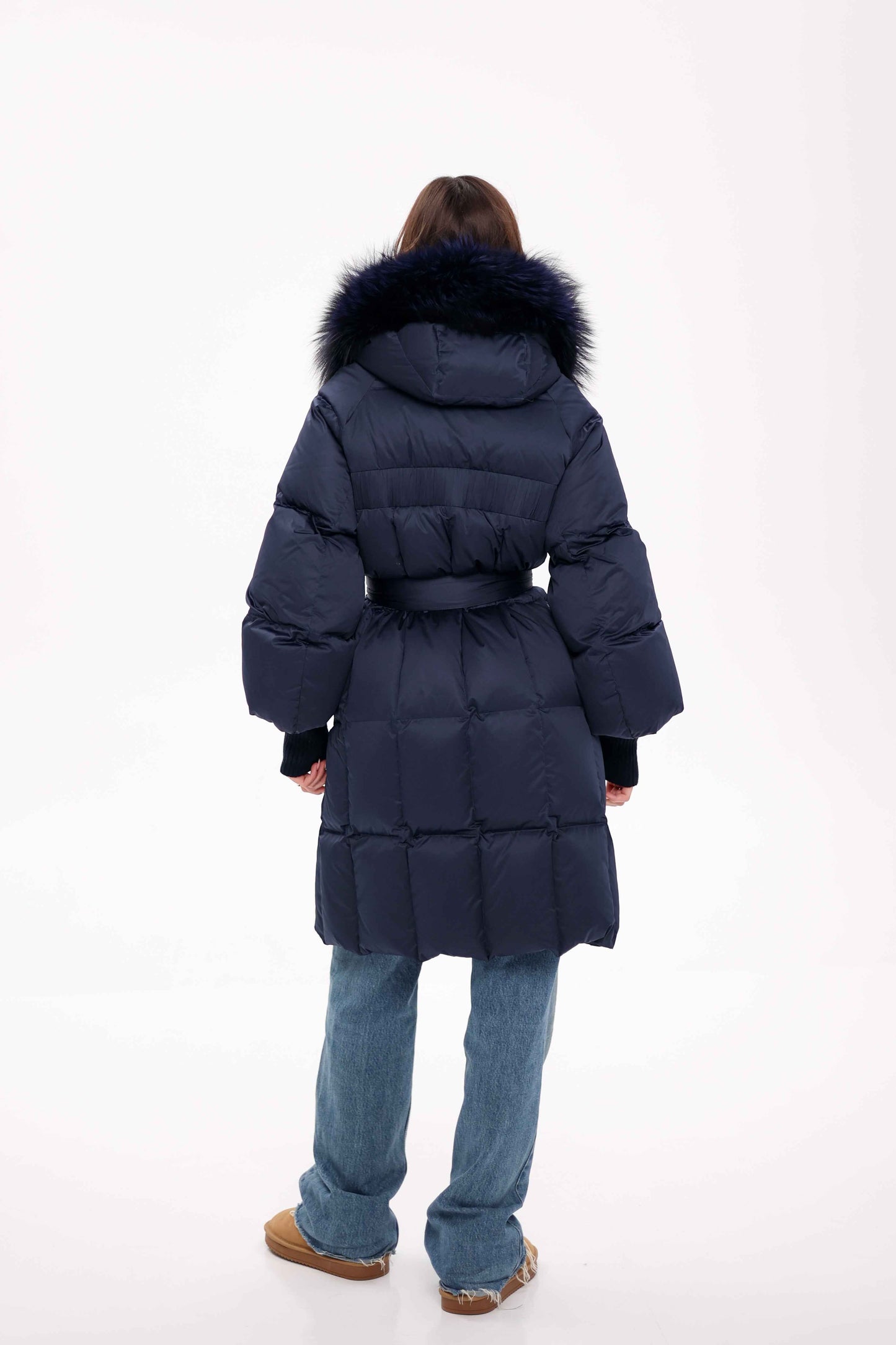 Genuine Fox Fur Trim Down Coat in Royal Blue