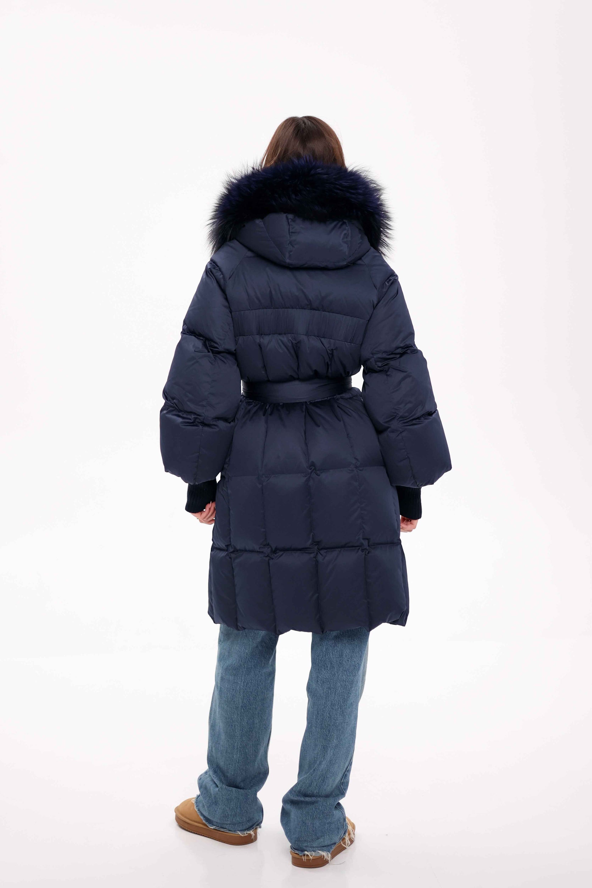 Genuine Fox Fur Trim Down Coat in Royal Blue