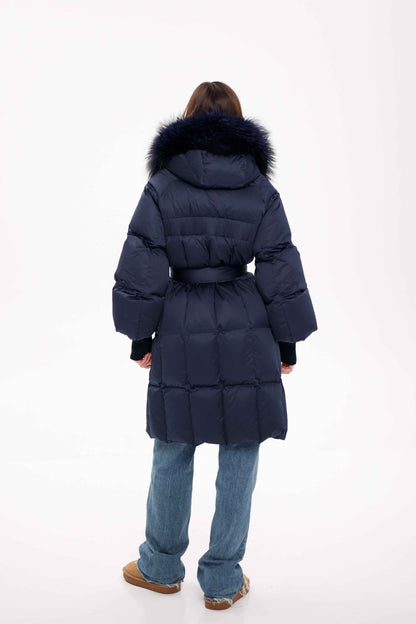 Genuine Fox Fur Trim Down Coat in Royal Blue