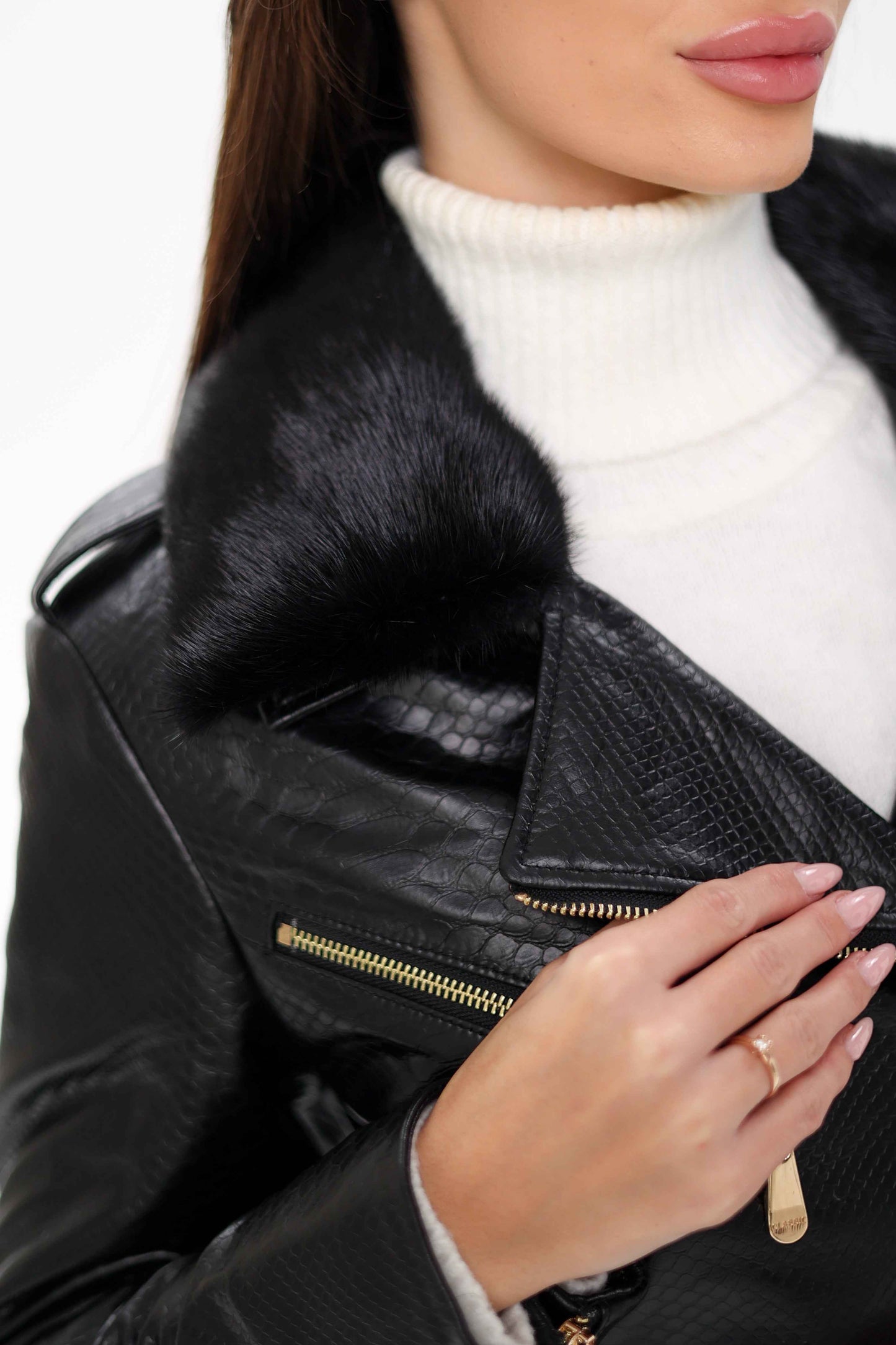 Genuine Mink Fur Embossed Leather Jacket