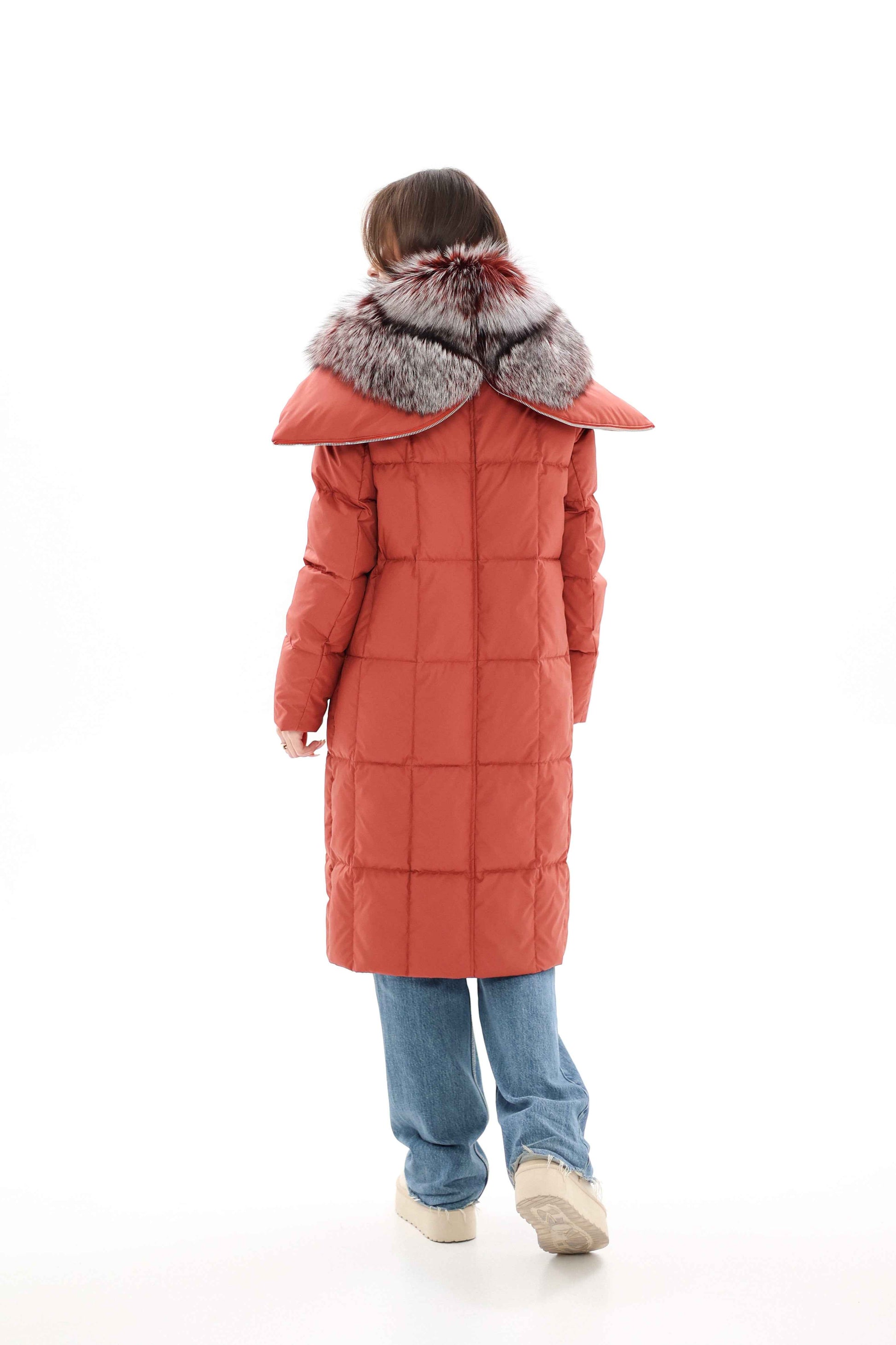 Genuine Silver Fox Fur Trim Down Coat