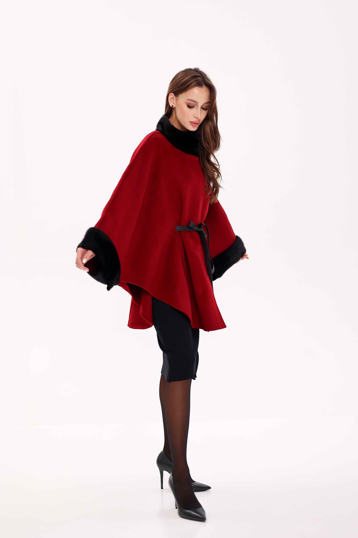 Genuine Scandinavian Mink Fur Double Face Wool Poncho