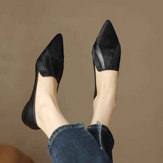 Women's Fashion Simple Soft Leather Stitching Pointed Toe Low-cut Shoes