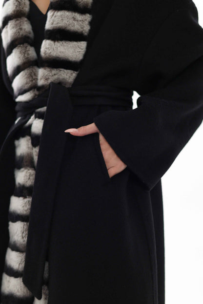 Genuine  French Orylag Fur Italian Cashmere Wool Coat 130cm