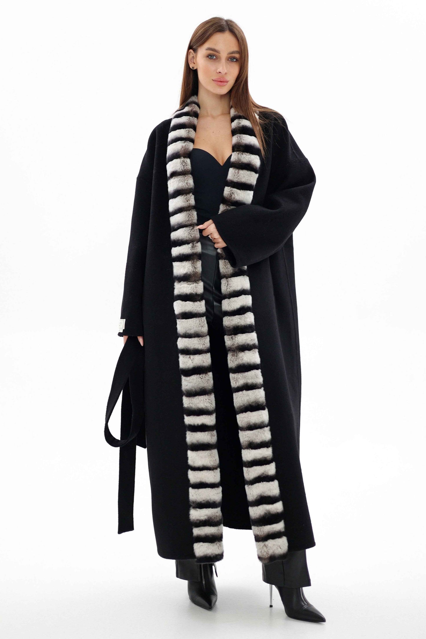 Genuine  French Orylag Fur Italian Cashmere Wool Coat 130cm