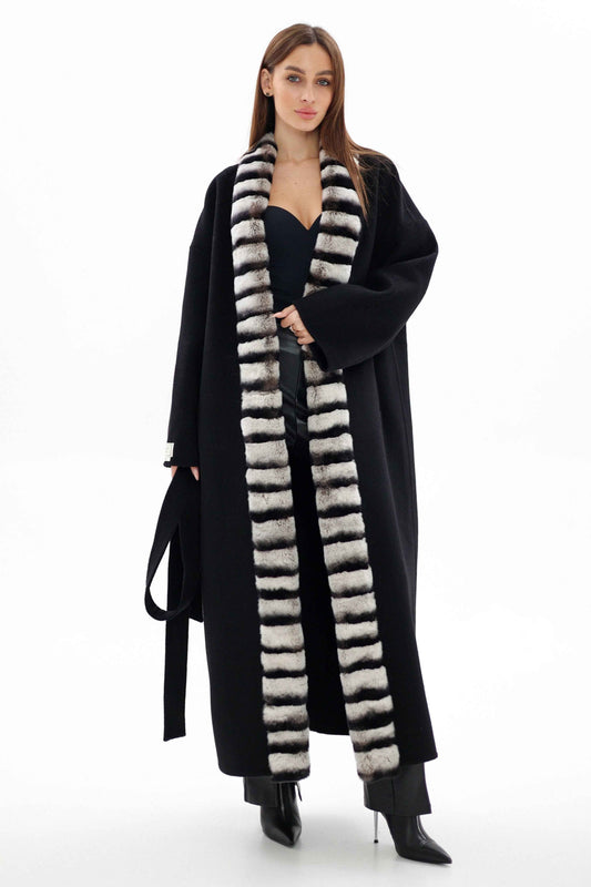 Genuine  French Orylag Fur Italian Cashmere Wool Coat 130cm