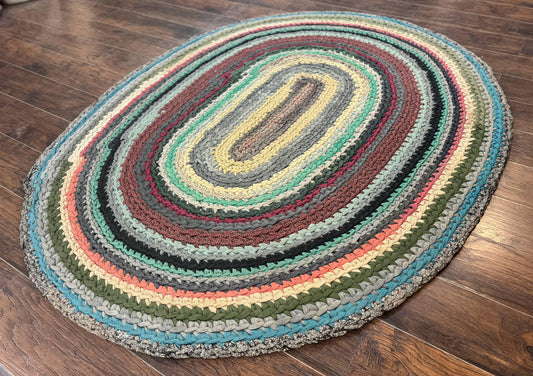 Antique American Braided Rug 5x7, Oval Multicolor Handmade Wool Braided Carpet