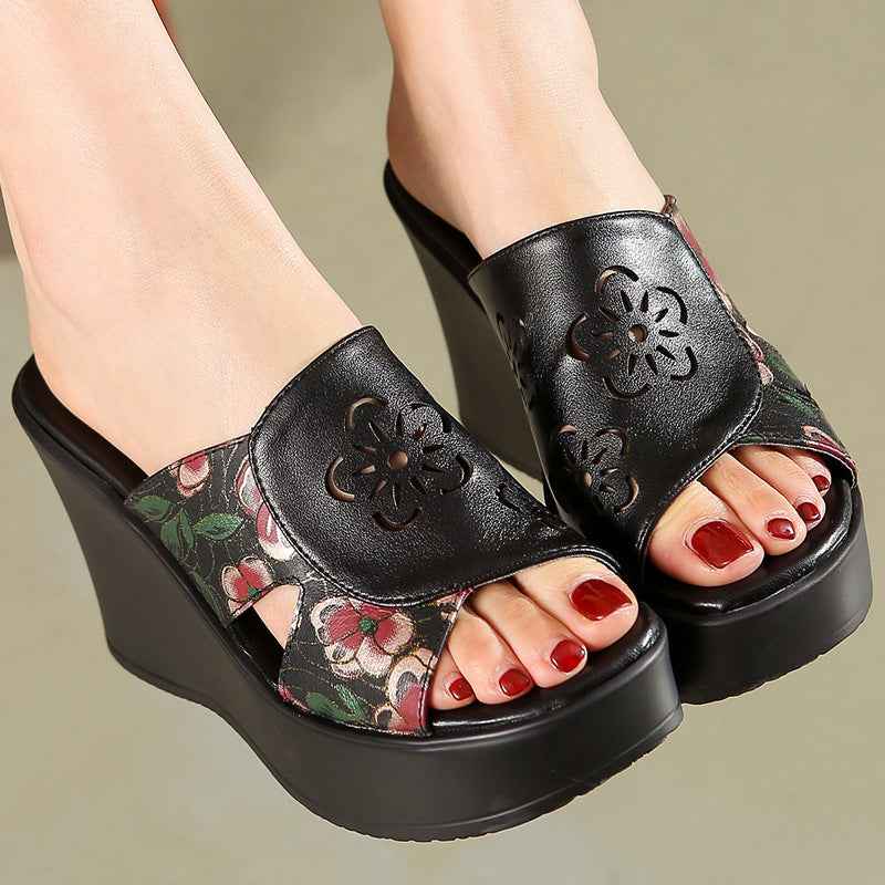 Fashion Hollowed-out Hibiscus Flower Wedge Slippers