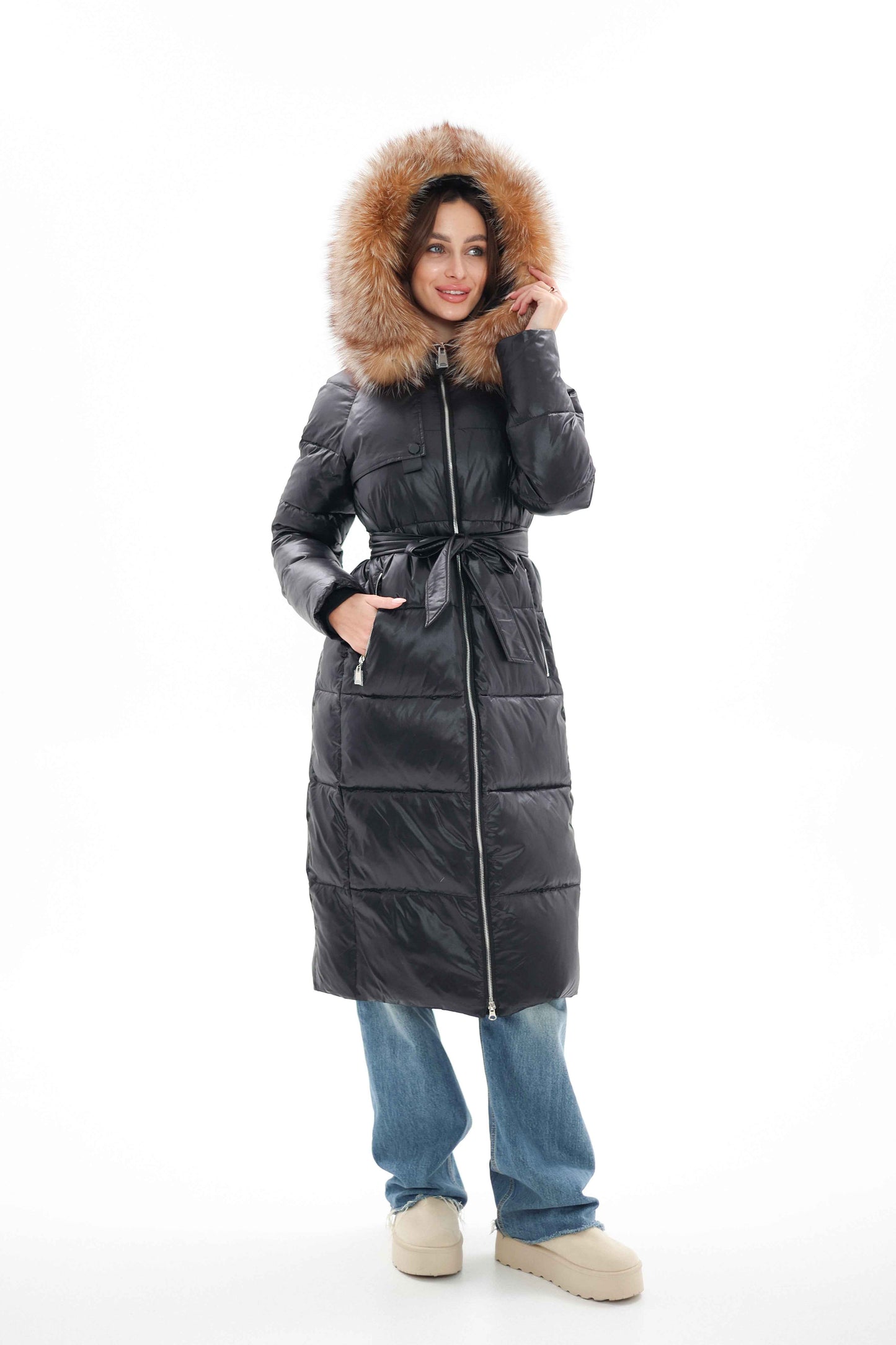 Genuine Silver Fox Fur Alternative Down Fill Coat